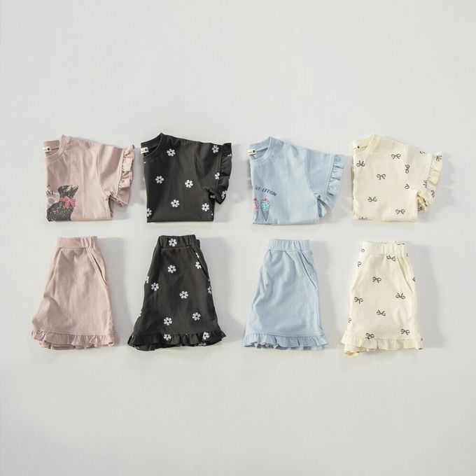 日本 BRANSHES - 純棉荷葉邊女孩印花短褲-滿版小花-灰黑