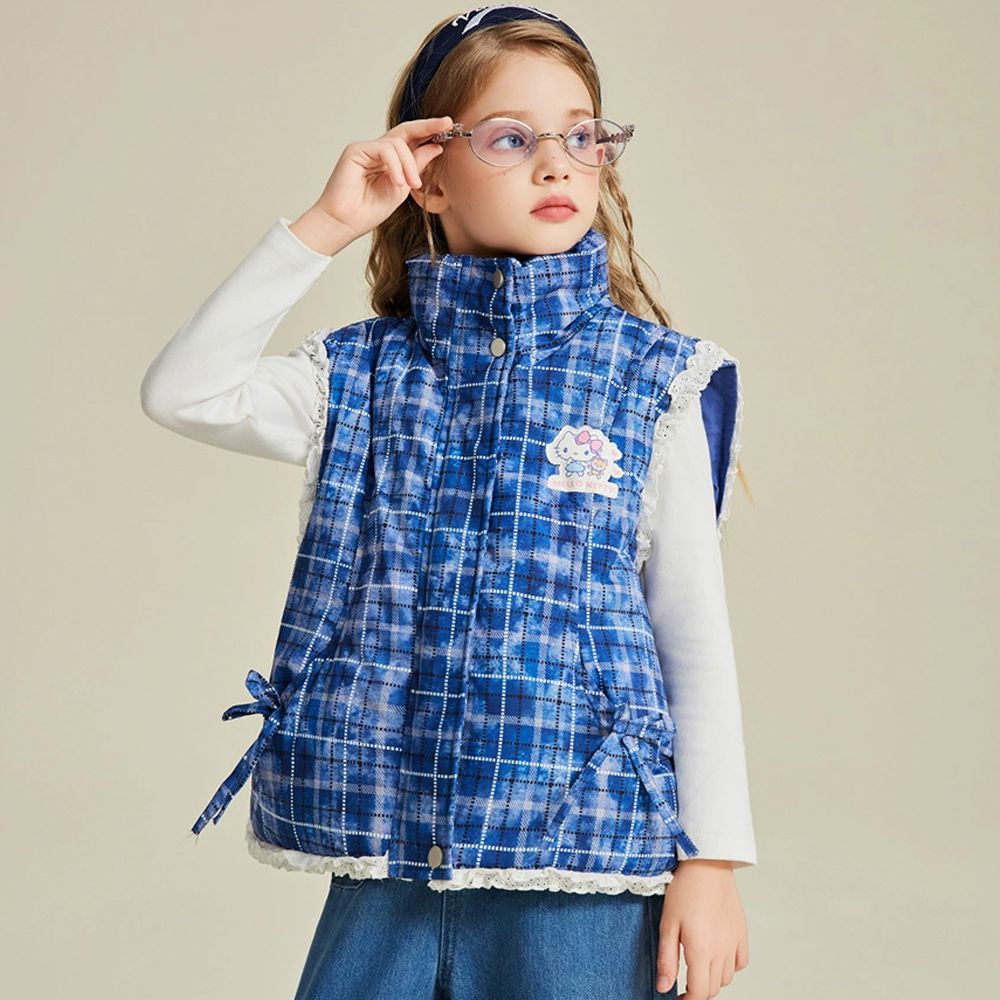 蕾絲拼接格紋保暖鋪棉背心-卡通人物Hello Kitty-藍色