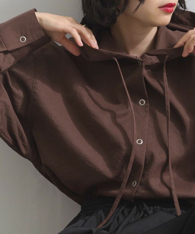 日本 ELENCARE DUE - 復古風磨毛寬版連帽長袖襯衫-灰杏