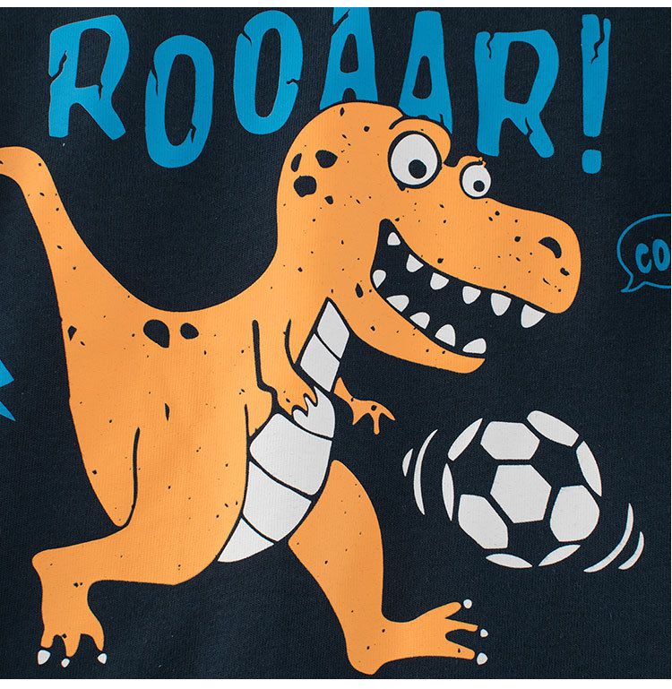 純棉圓領薄長袖上衣-恐龍踢足球-深藍色