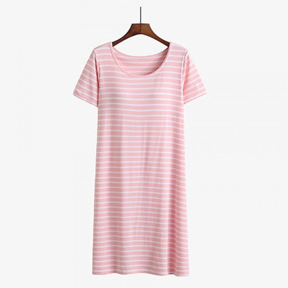 莫代爾柔軟涼感Bra T條紋睡裙-粉白條紋