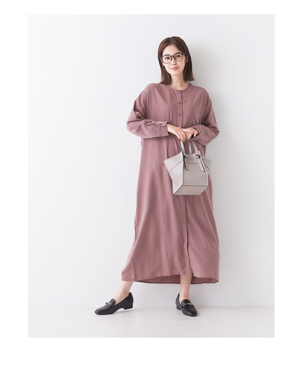 日本 OMNES - 低調光澤休閒薄長袖洋裝-淺米杏