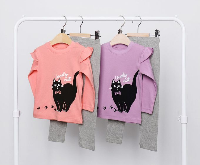 韓國 Mellisse - 韓製30支純棉柔軟長袖家居服-紫色黑貓