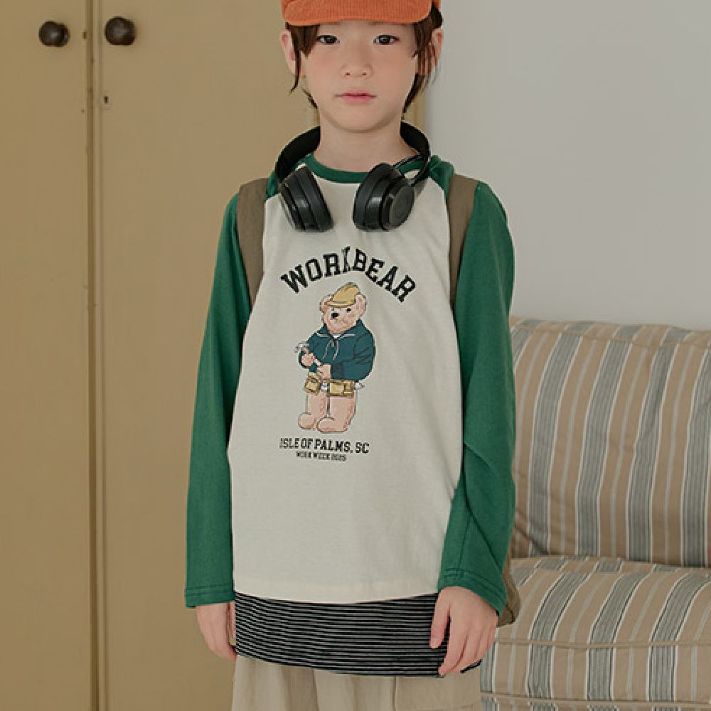 W.S.B. 塗鴉印花純棉長袖上衣-工作熊熊-綠