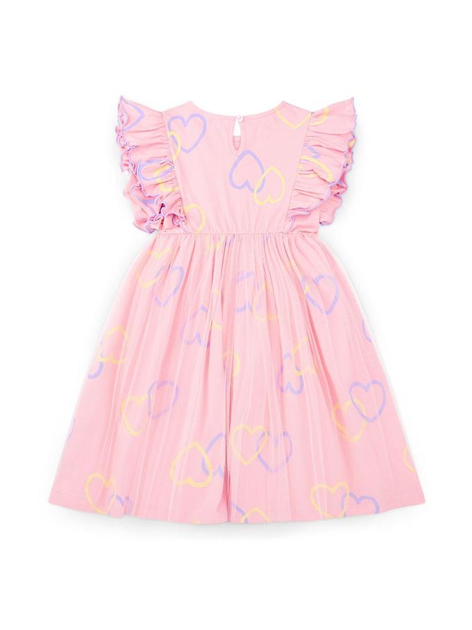 韓國 Jelispoon - 愛心印網紗層次荷葉袖洋裝-粉