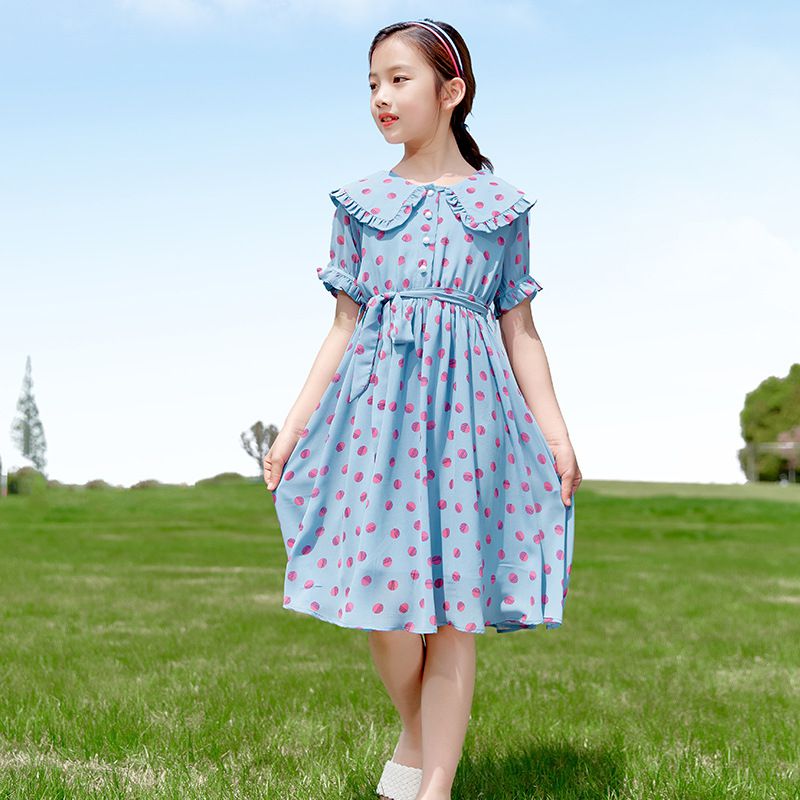 娃娃領腰綁帶洋裝-小圓點-藍色