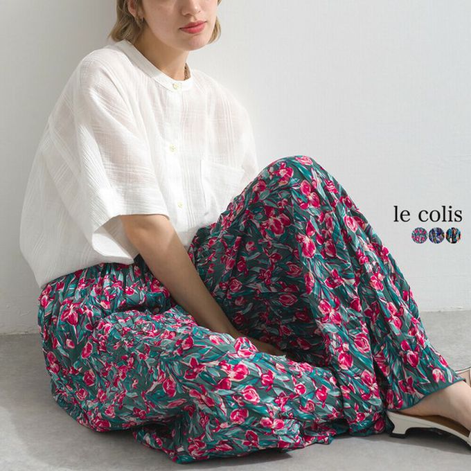 日本 le colis - 華麗藝文花卉飄逸感皺褶寬褲-綠桃系