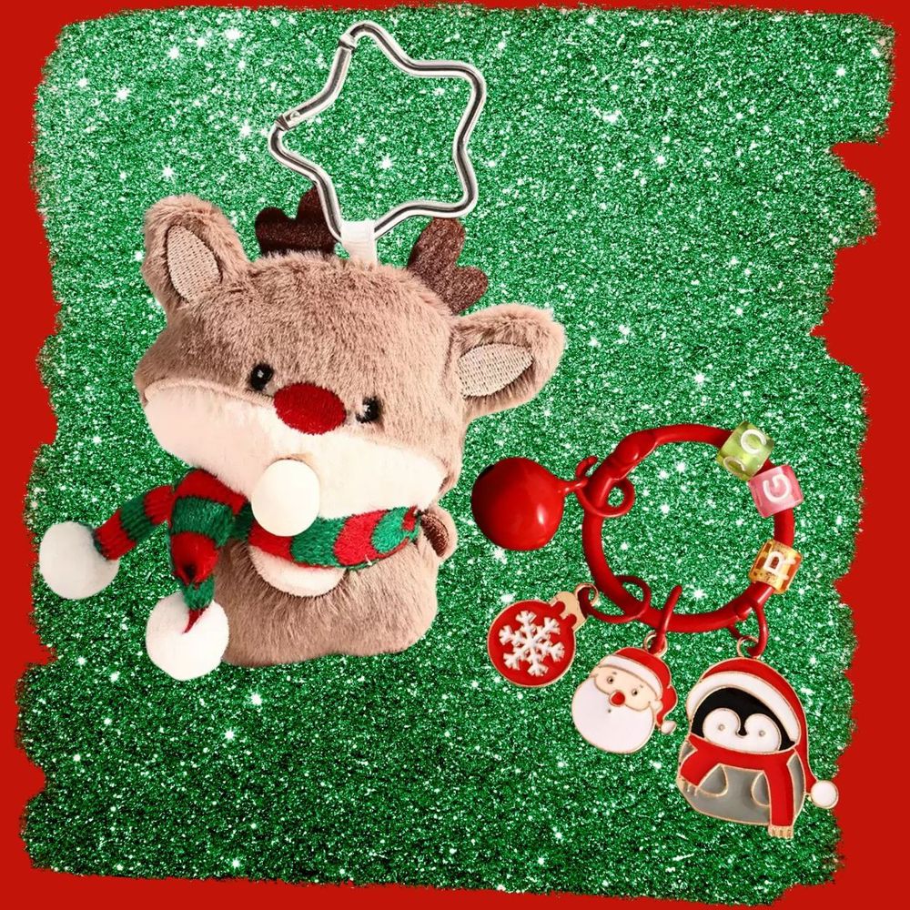 聖誕毛絨歪頭麋鹿吹泡泡吊飾+聖誕企鵝掛件鑰匙扣