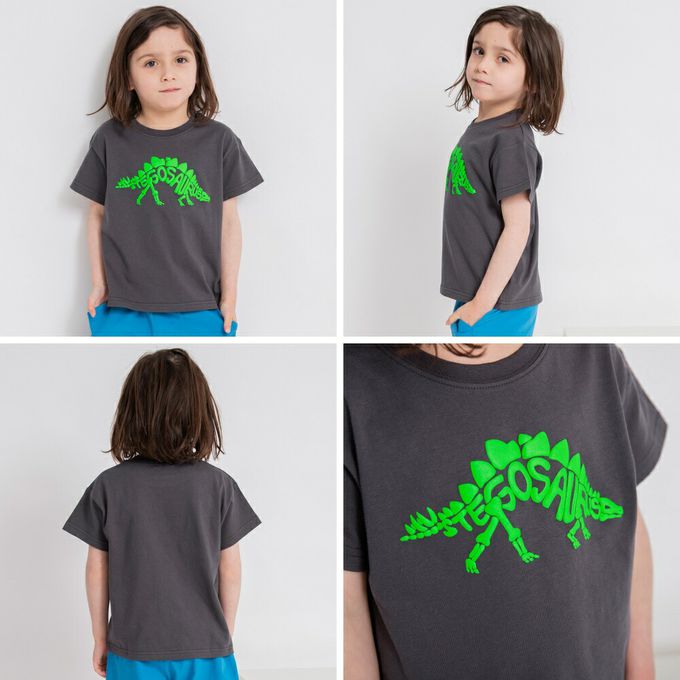 日本 BRANSHES - 童趣印花短袖上衣-螢光恐龍-灰黑