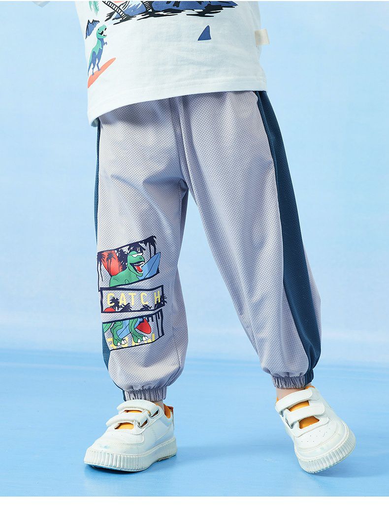 卡通圖束口長褲/防蚊褲-漫畫框恐龍-深藍+白