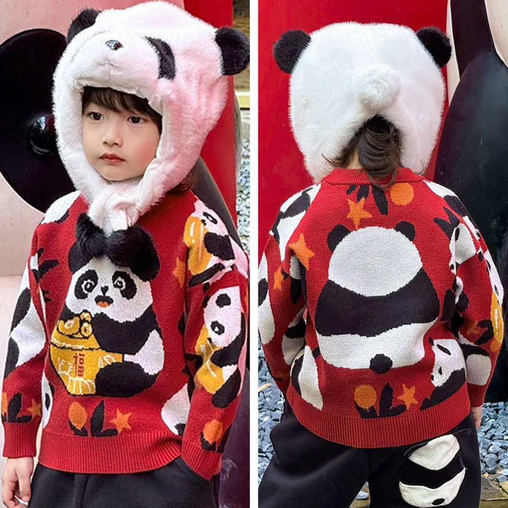 加厚保暖針織長袖上衣-熊貓抱福-紅色