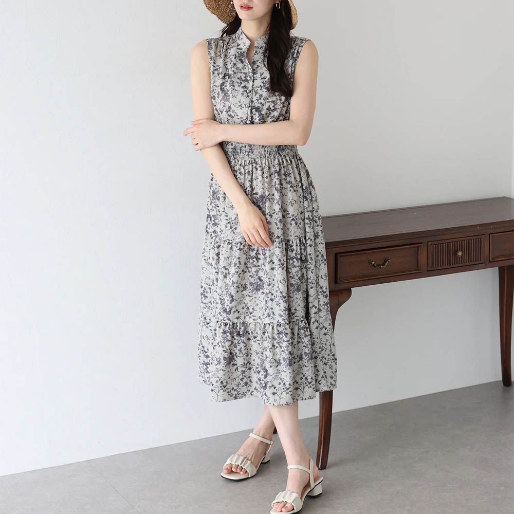 接觸冷感 縮腰顯瘦立領無袖洋裝-花朵-灰藍 (M)