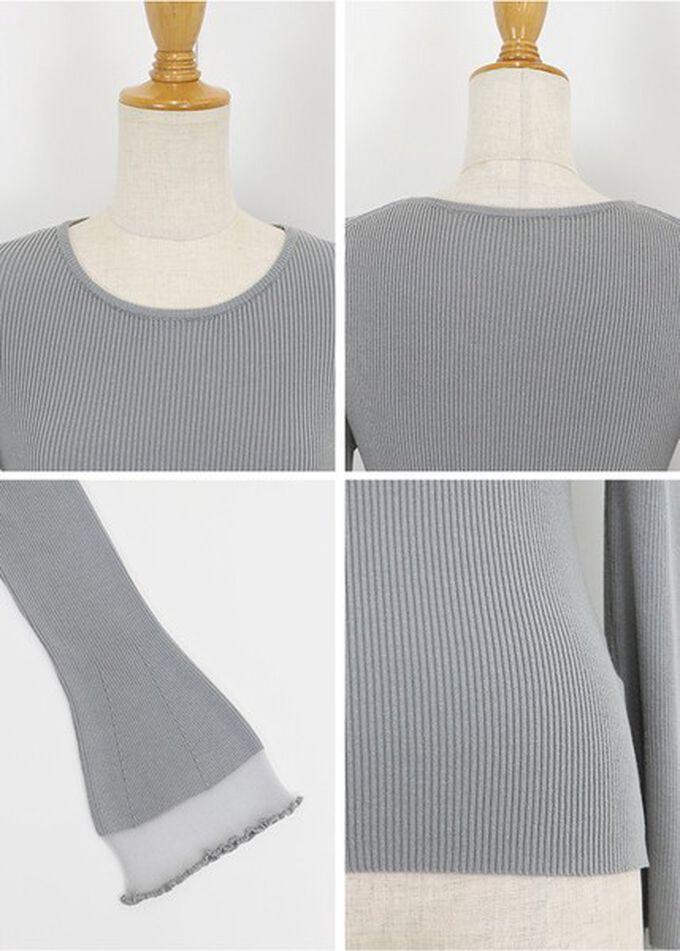 日本 BLUE EAST - 修身羅紋透膚層次喇叭長袖上衣-灰