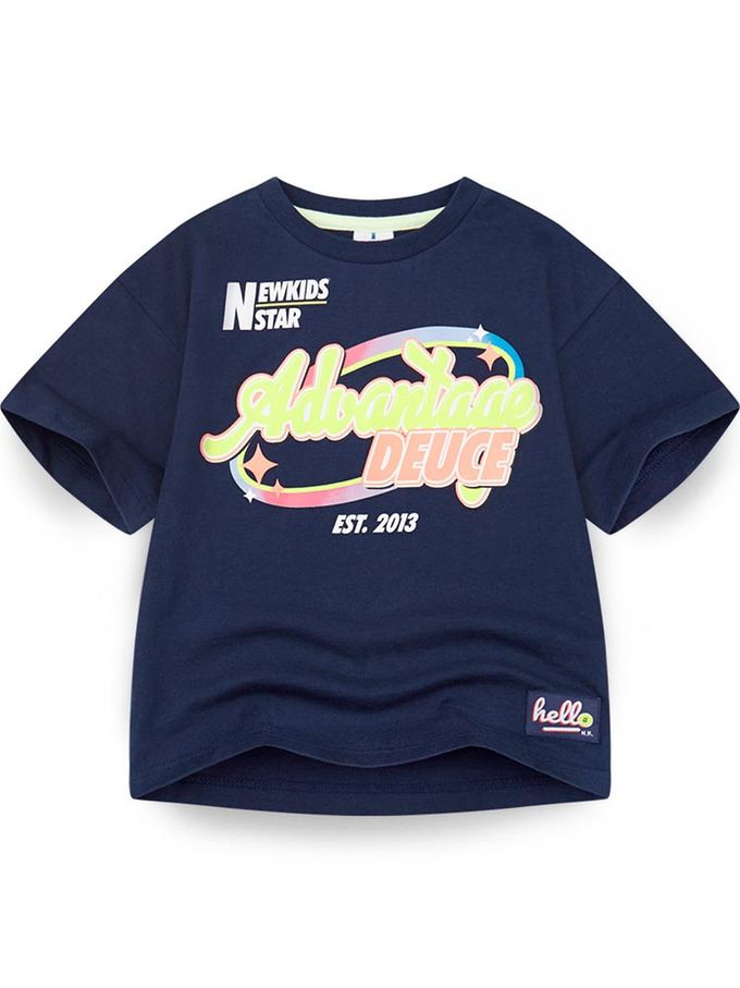 韓國 Jelispoon - 復古字母印短袖上衣-深藍