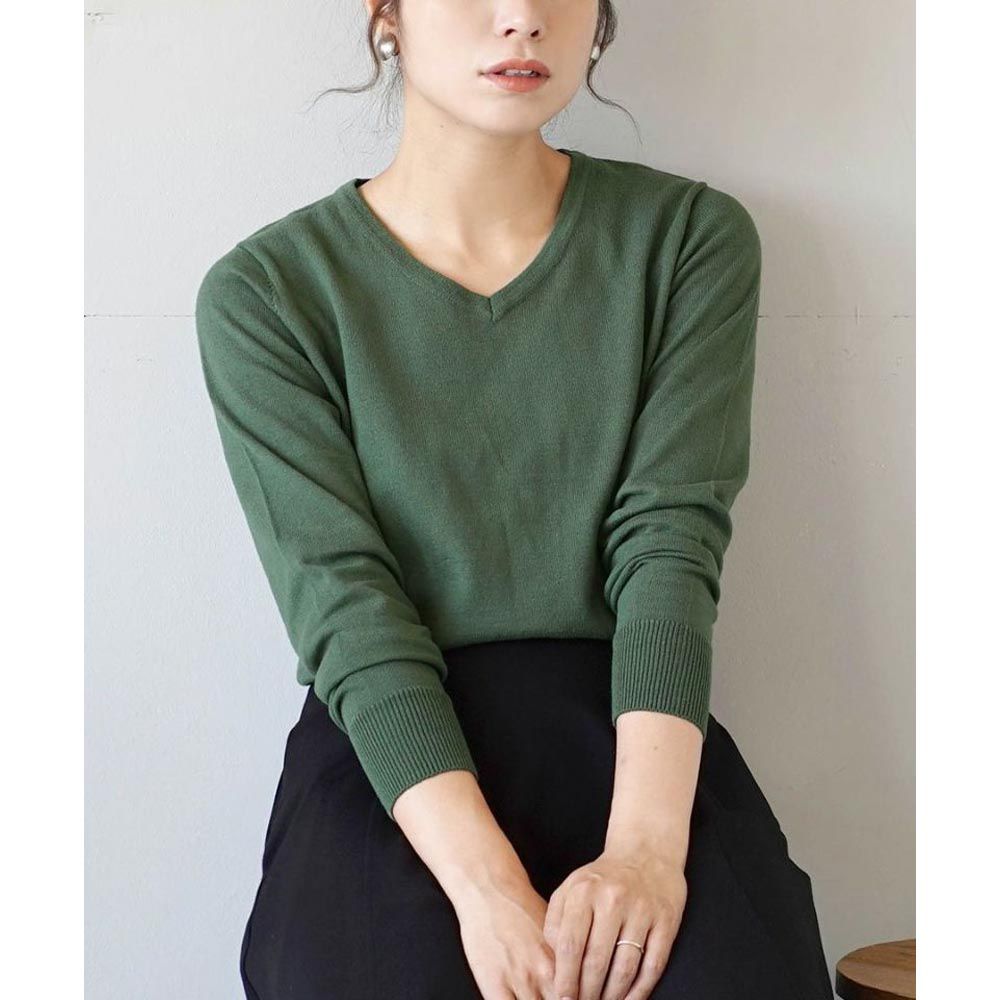 日本 zootie - 100%棉 輕盈柔軟薄針織上衣-V領-煙燻綠