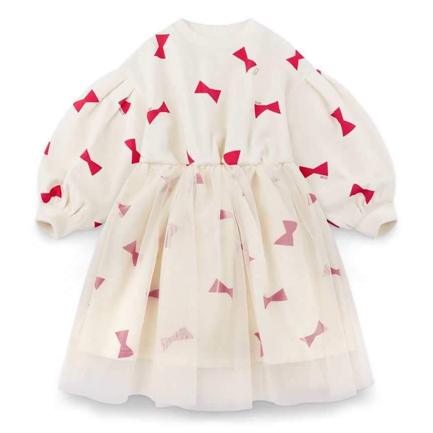 韓國 Jelispoon - (內刷毛)蝴蝶結泡泡袖網紗拼接洋裝-象牙白