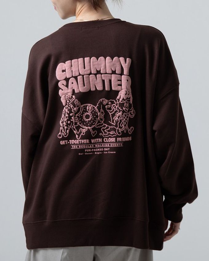 日本 gleam - 裏毛寬版甜點好友印花大學T-奶油米x棕