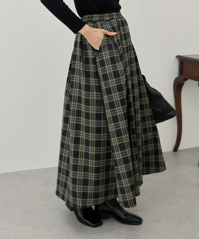 日本 BLUE EAST - 文藝細緻格紋顯瘦長裙-綠黃黑