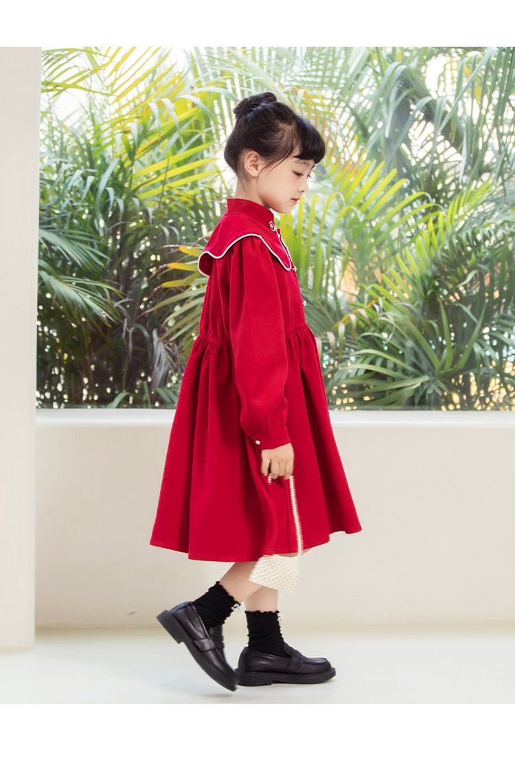 娃娃領燈芯絨長袖洋裝-卡其色