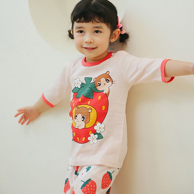 正韓 Puco - 超優質嬰幼兒/兒童七分袖100% 有機純棉家居服/睡衣-草莓倉鼠