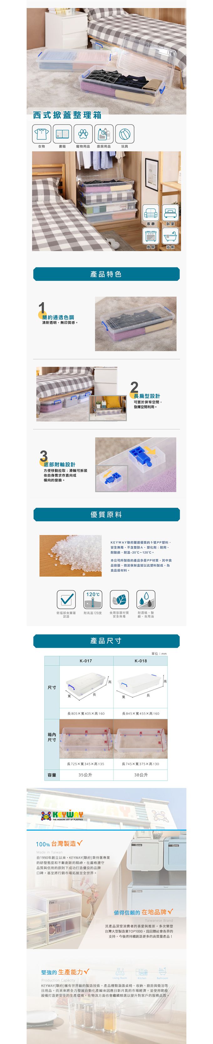 台灣KEYWAY - K017 西式掀蓋整理箱/床底收納箱-35L-3入