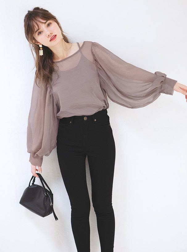 日本 GRL - 透膚雪紡長袖上衣+細肩帶內搭兩件組-天使白