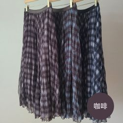 韓國女裝連線 - 鬆緊腰復古格紋壓褶飄逸長裙-咖啡 (FREE)