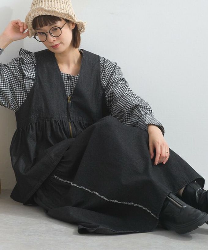 日本 Lupilien - 厚磅立體感線條澎澎長裙(附口袋)-黑色丹寧