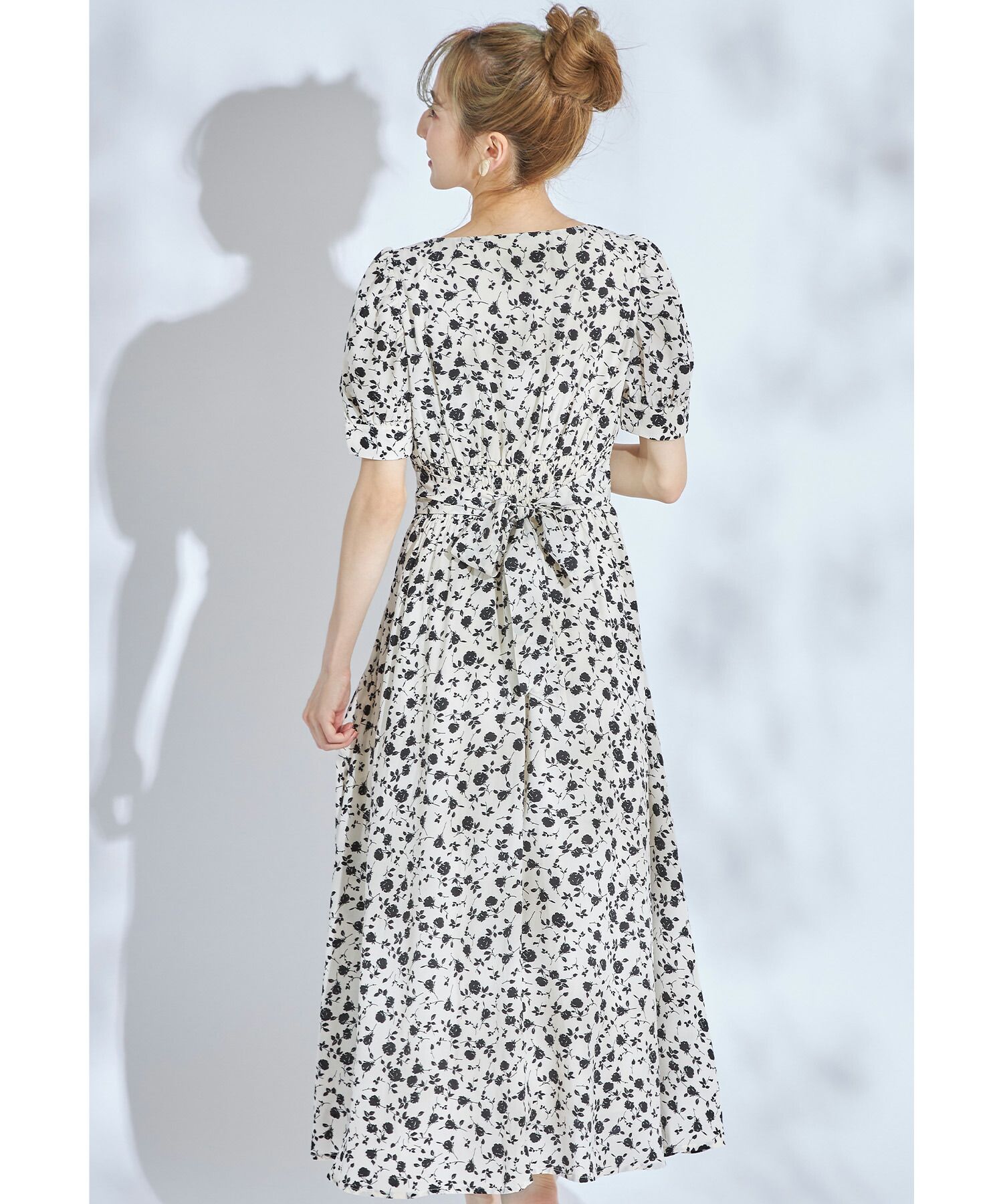 日本 tocco-closet - 愛心領泡泡袖雪紡洋裝-典雅玫瑰-鮭魚粉