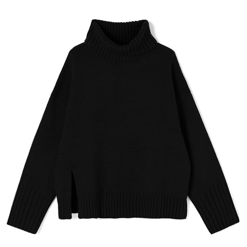 日本 GRL - 大寬鬆高領開衩針織毛衣-黑