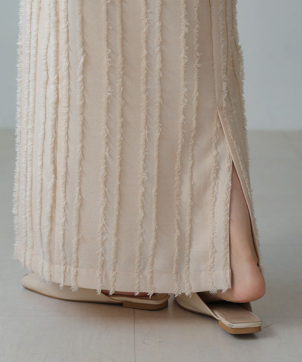 日本 Bab - 毛絨感直條顯瘦開叉長裙-黑