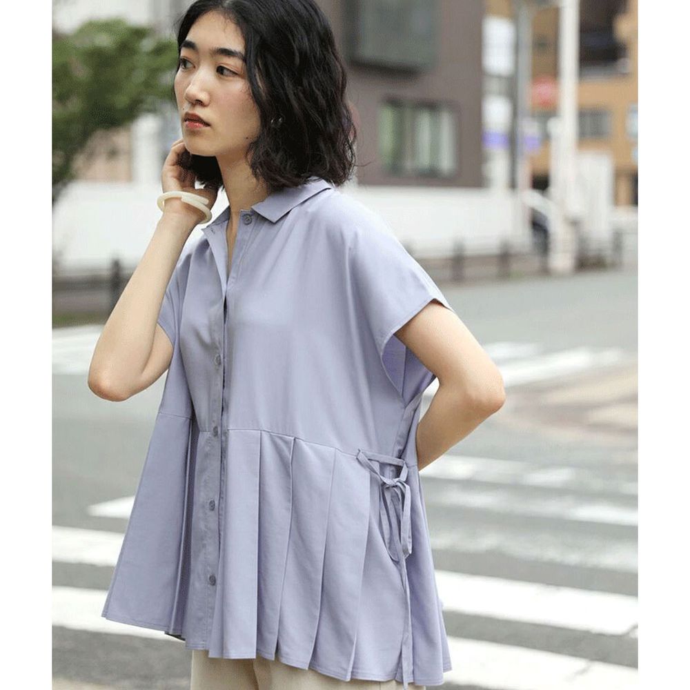 日本 Bou Jeloud - 百褶設計綁帶短袖襯衫-藍