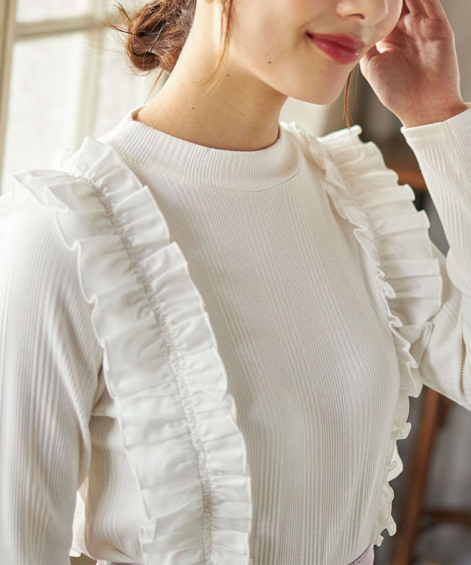 日本 tocco-closet - 奢華荷葉邊羅紋針織上衣-星塵粉