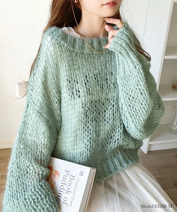 日本 Classical Elf - 甜美船領針織洞洞大寬袖毛衣-芥末黃