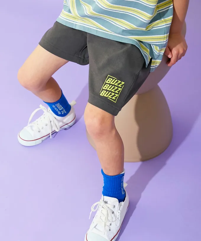 日本 devirock - 夏日印花純棉寬版短褲-植物與鳥-淺米棕