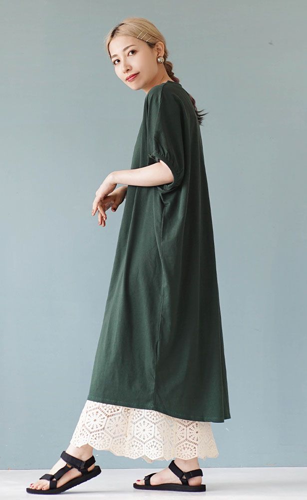 日本 zootie - 涼感機能 圓領泡泡五分袖洋裝-粉紫