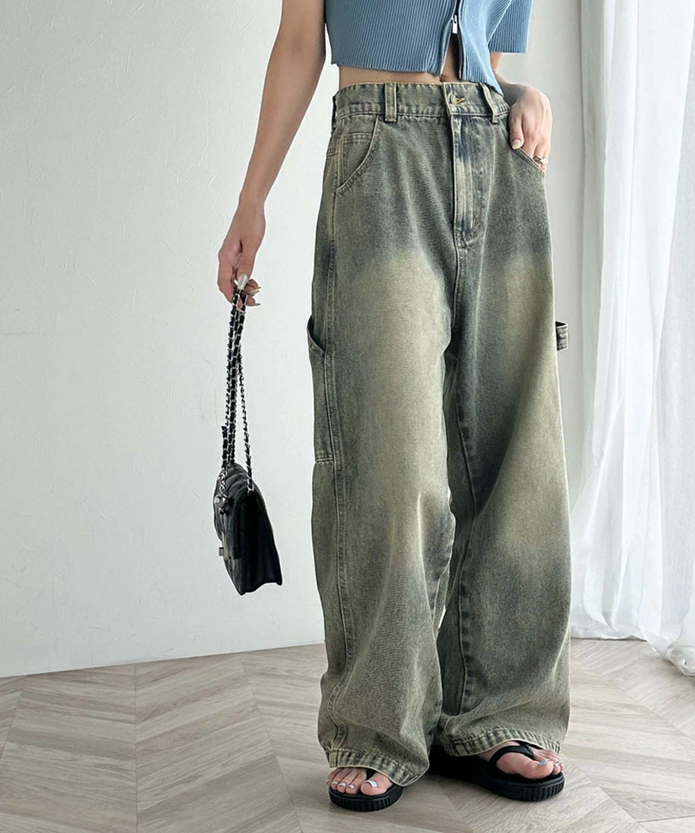 超顯瘦厚磅百搭直筒褲-復古刷色