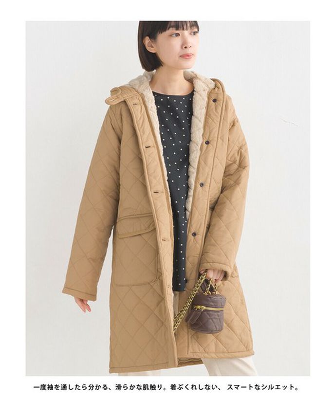 日本 OMNES - 厚刷毛衍縫鋪棉長版連帽保暖外套-杏 (M)