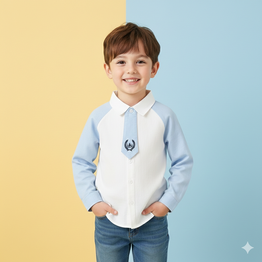 學院風拼色長袖襯衫-領結-淺藍x白