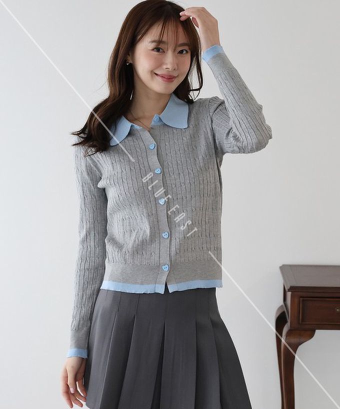 日本 BLUE EAST - 愛心扣雙色polp領麻花開襟衫-灰