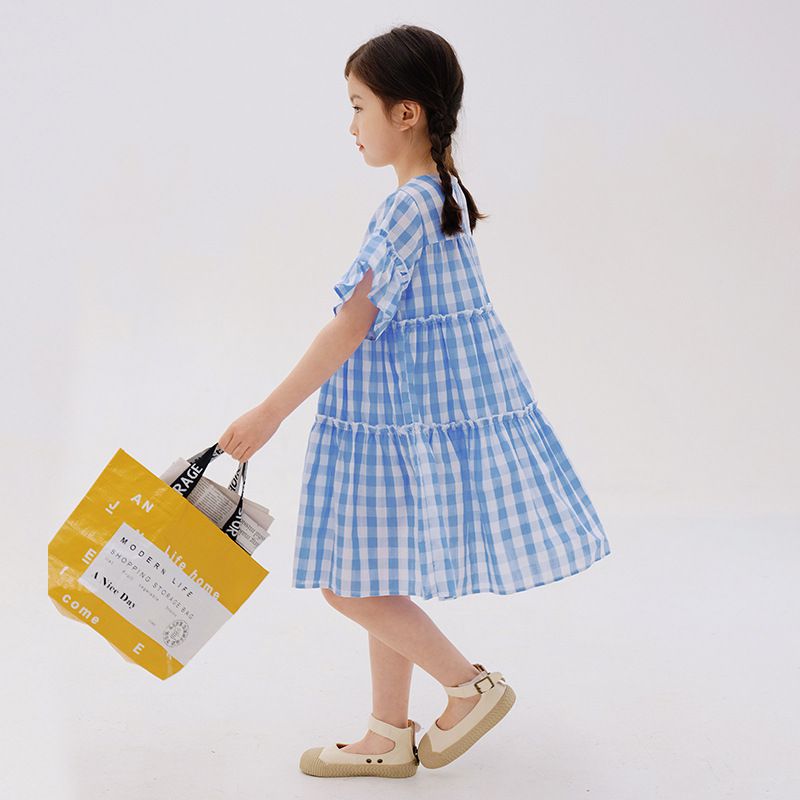夏日風情拼接蛋糕裙洋裝-藍白格紋