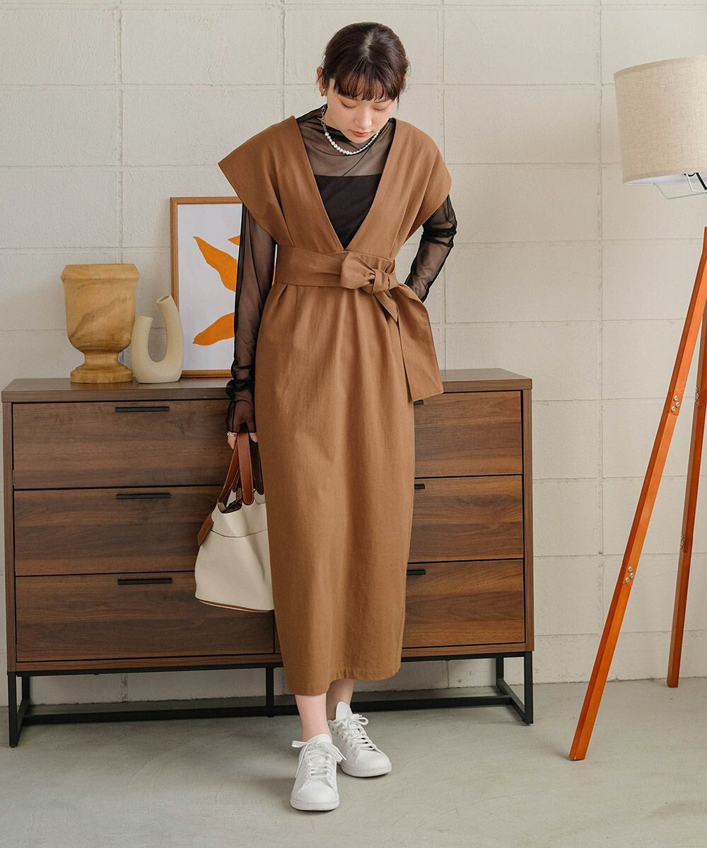 日本 Bab - 知性V領設計綁帶背心裙-深可可