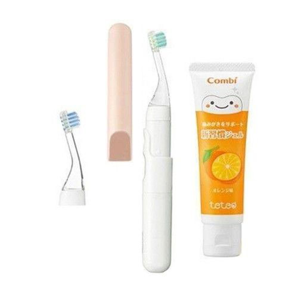 日本 Combi - teteo 幼童電動牙刷-1 + 1 實用組-電動牙刷-香檳粉x1+替換刷頭x1+橘子牙膏x1(含氟量500ppm)