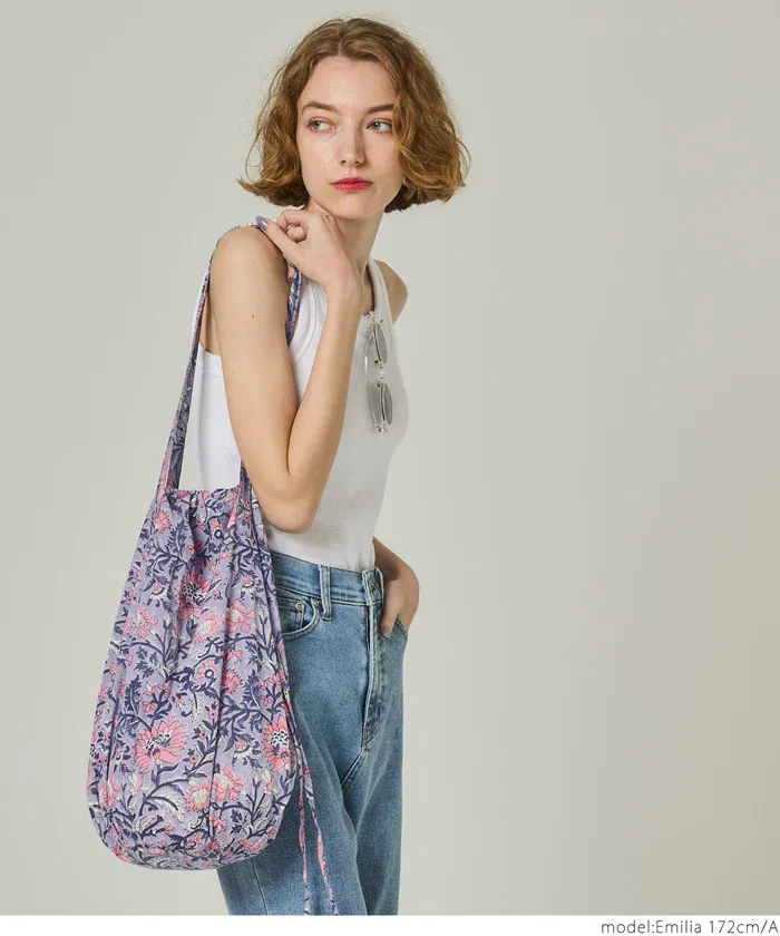 日本 COCA - 100%印度棉木刻版印刷抽繩托特包/購物袋-粉紫