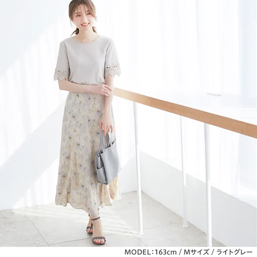 日本 BELLUNA - 蕾絲拼接袖直羅紋短袖上衣-淺灰