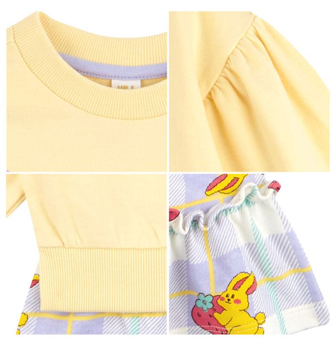 韓國 HEJMINI - 假兩件草莓兔娃娃印連身洋裝-黃X紫