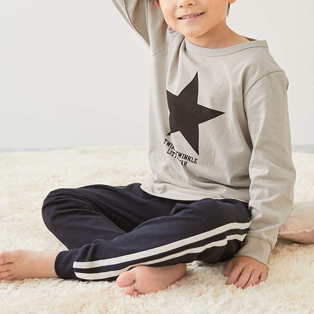 100%棉 高腰長袖家居服套裝-星星條紋-淺灰x黑