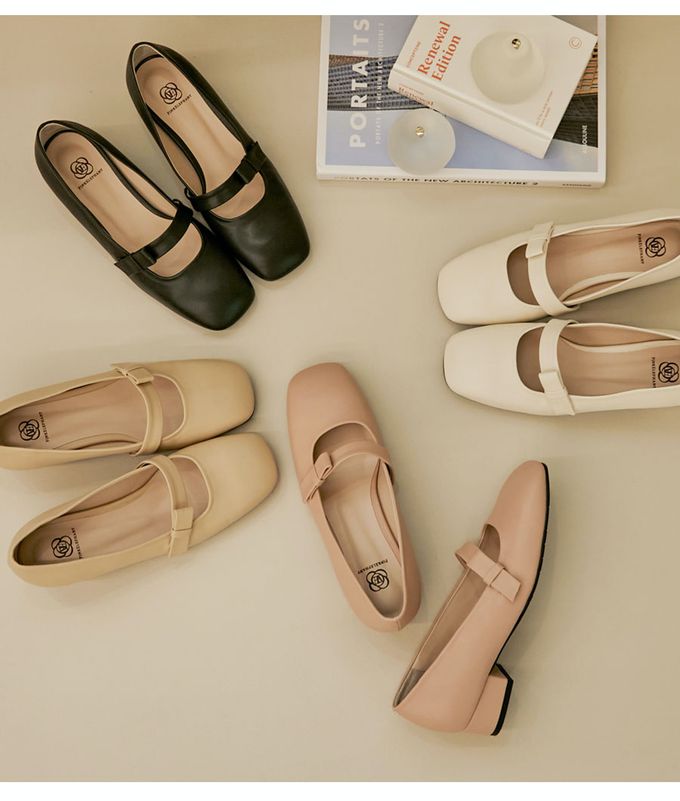 韓國 PINKELEPHANT - 繫帶蝶結瑪莉珍矮跟鞋(3cm)-粉