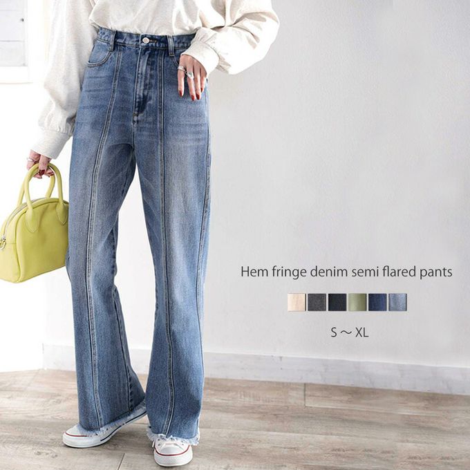 日本 Classical Elf - 顯瘦美腿彈性微喇叭長褲-丹寧藍