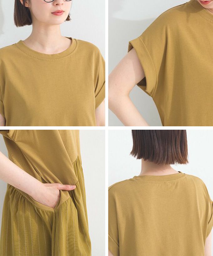 日本 Lupilien - [人氣款]亞麻混紡條紋拼接短袖洋裝-芥末黃